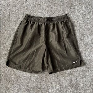 Nike Olive Green Athletic Shorts with White Swoosh